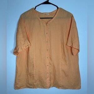 Eileen Fisher 100% Irish Linen Button Front Blouse 1X Orange Short Sleeve‎ Top
